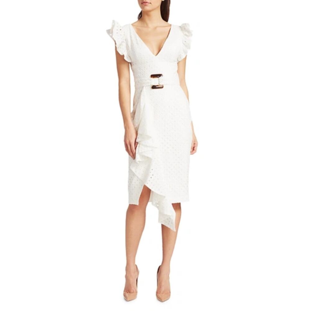 PATBO White Eyelet Midi Dress Ruffle Sleeve Belted Romantic Size 4